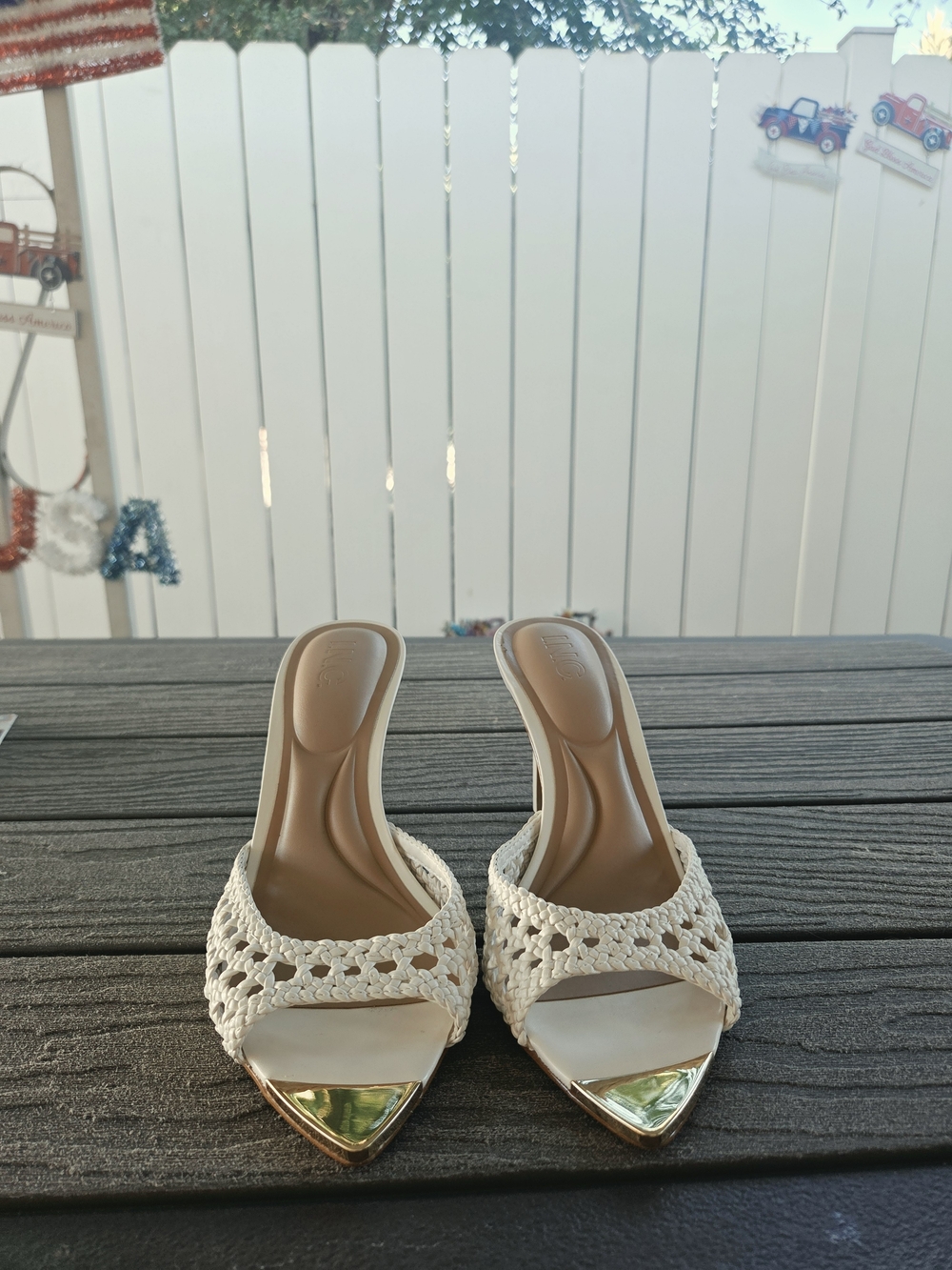 INC International Concepts White Crochet Slide Mules with Gold Toe